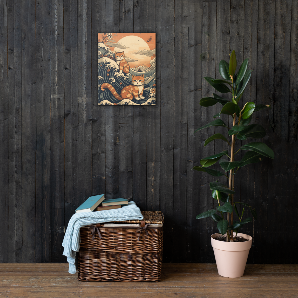 Katten op Wave Canvas - Japanse Hokusai Stijl