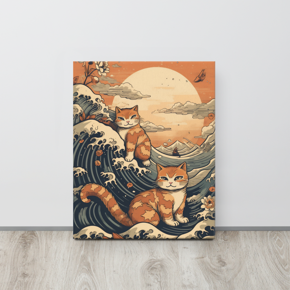 Katten op Wave Canvas - Japanse Hokusai Stijl