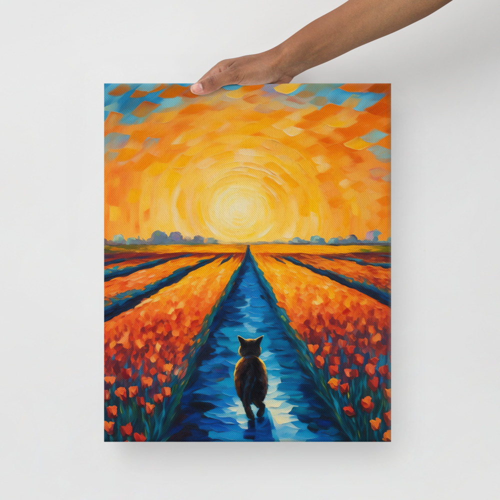 Wandelende Kat door Tulpenveld bij Schemer - Van Gogh Stijl