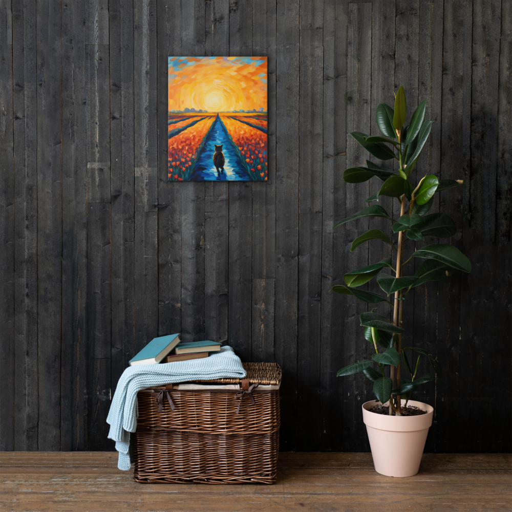Wandelende Kat door Tulpenveld bij Schemer - Van Gogh Stijl