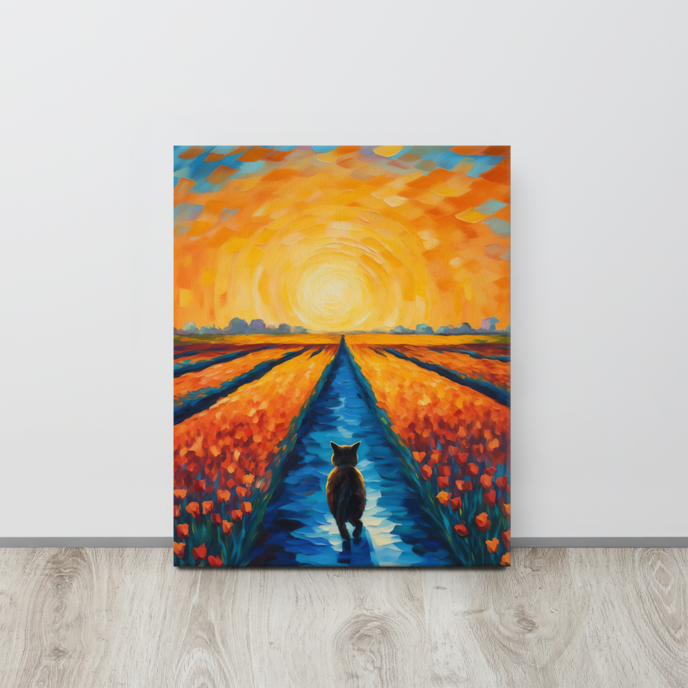 Wandelende Kat door Tulpenveld bij Schemer - Van Gogh Stijl