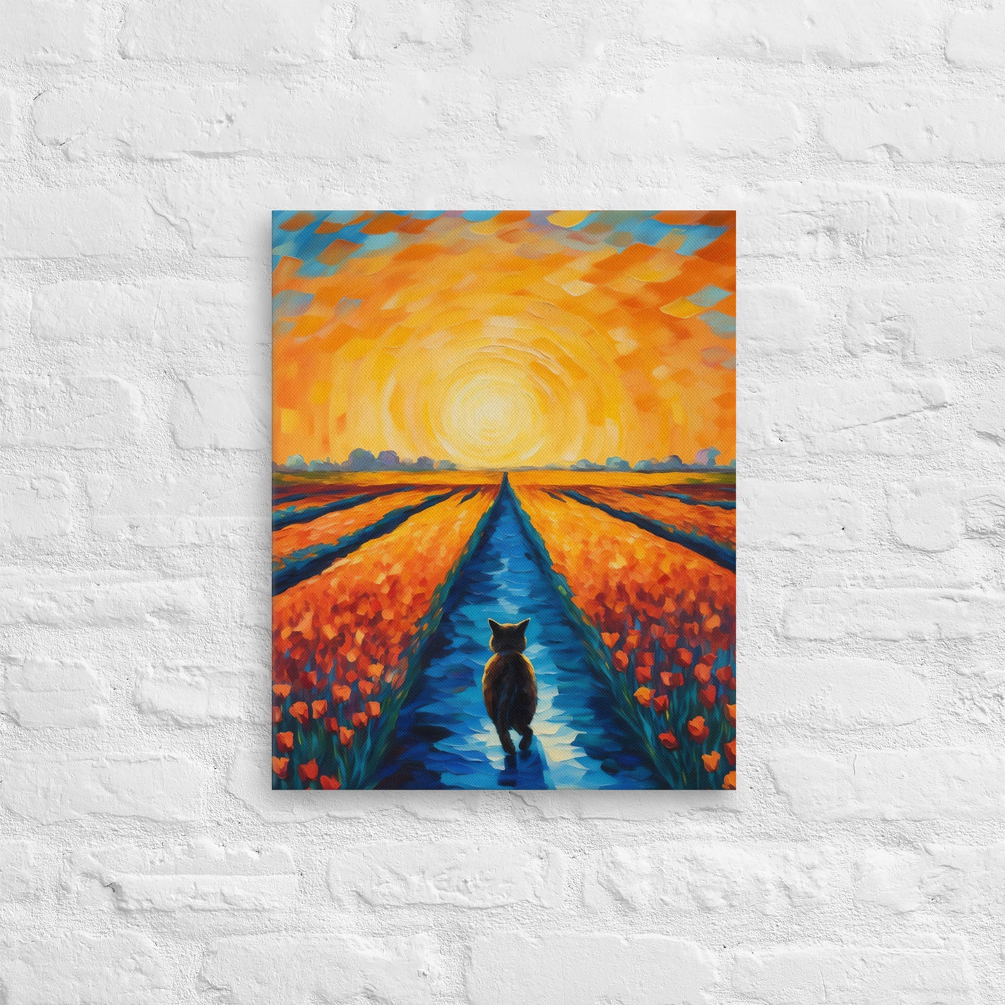 Wandelende Kat door Tulpenveld bij Schemer - Van Gogh Stijl
