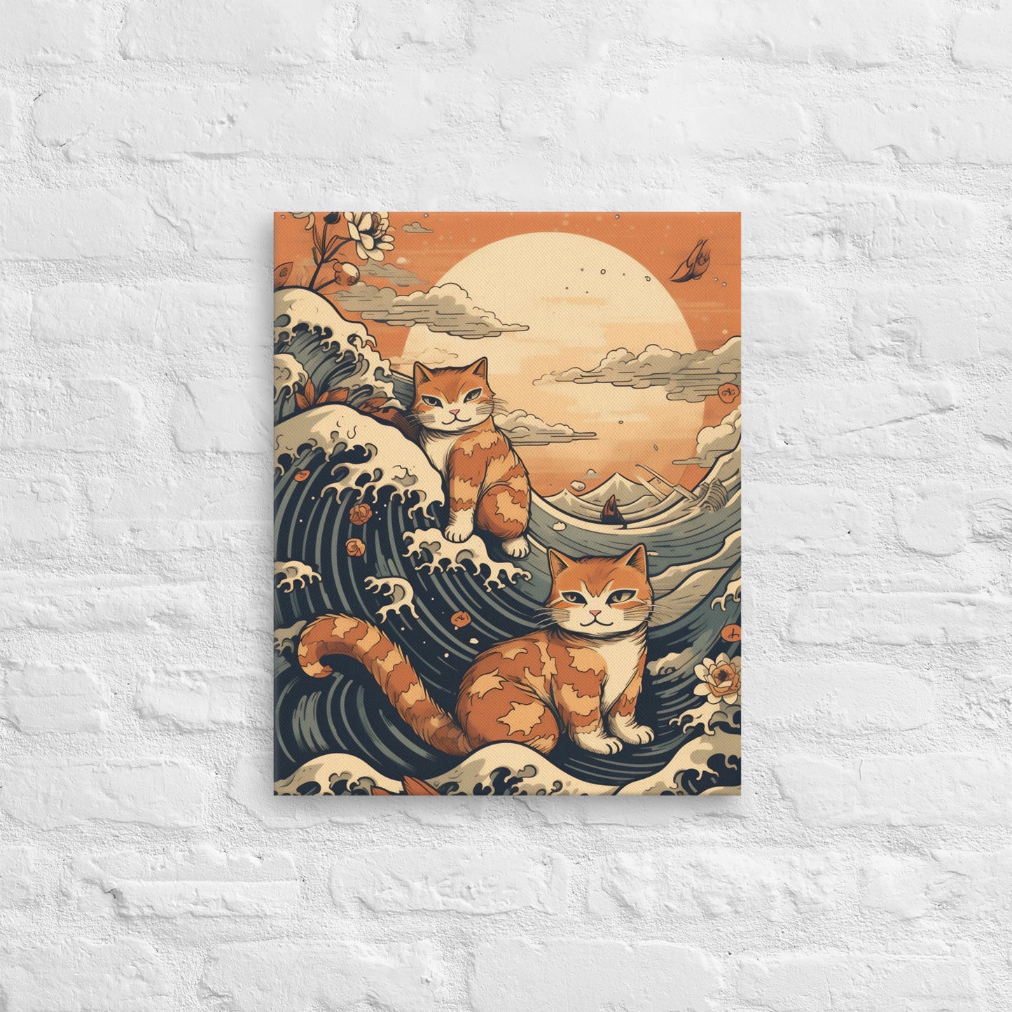 Katten op Wave Canvas - Japanse Hokusai Stijl