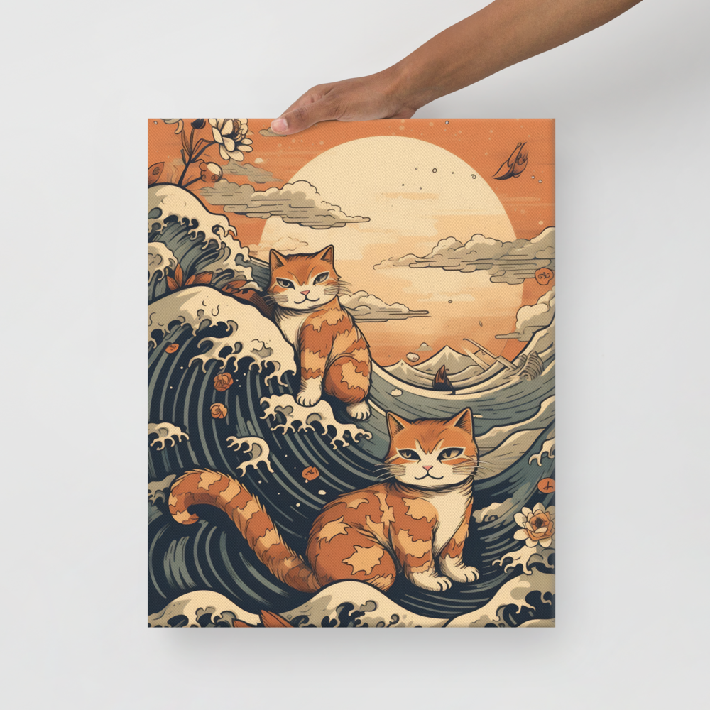 Katten op Wave Canvas - Japanse Hokusai Stijl